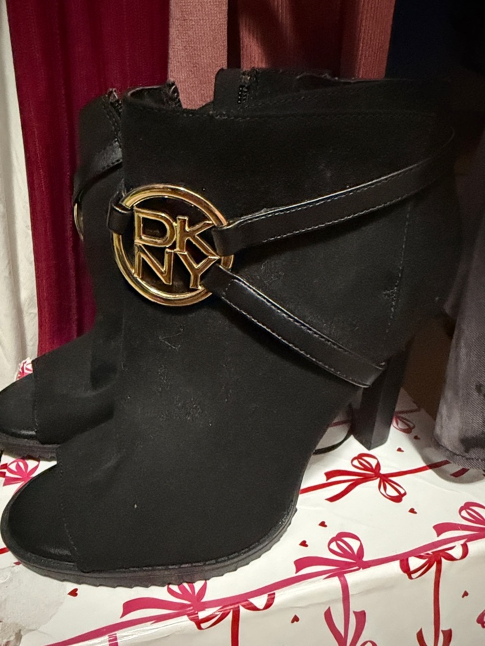 DKNY Black Suede High Heel Ankle Boots with Gold Logo